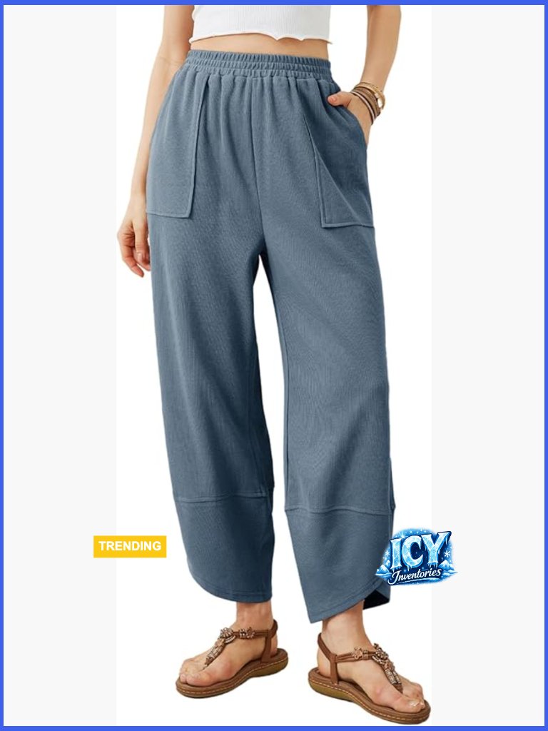 Wide Leg Harem Pants With Pockets Elastic Waist Summer
